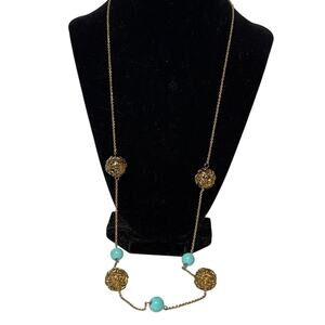 Long Gold Tone Necklace 34” Wire Ball Turquoise Beads Minimalist Boho Statement
